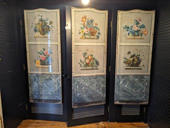 Three Early Painted Panels With Urns Of Flowers.