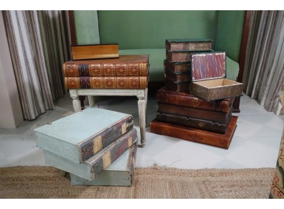 Group Of Decorative Books And A Side Table With Leather Bound Top