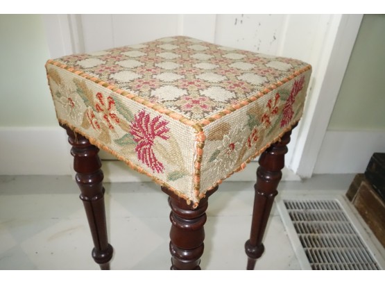 Wood Stool With Needlepoint Seat And Fluted Legs