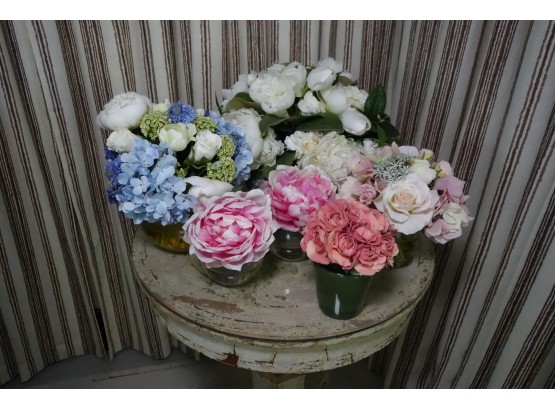 Six Glass Vases Of Faux Floral Arrangements