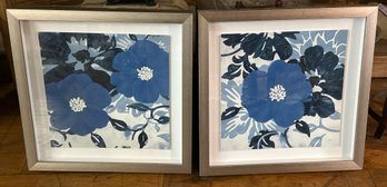 Pair Of Blue Flower Prints Numbered With Silver Frame