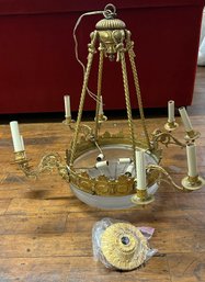 Stunning Gold Gilt Chandelier With Glass Bowl Center