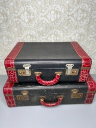 Vintage Pair Of Red Faux Alligator Skin Luggage Suitcases