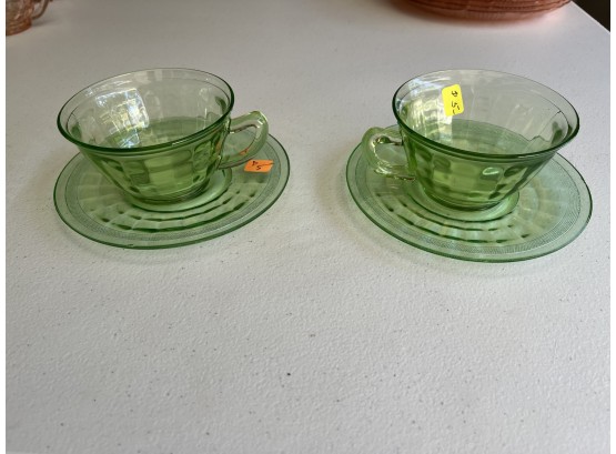 Set Of 2 Depression / Uranium Glass Cups With Saucers
