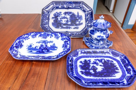 Flow Blue Porcelain China Platters & Sugar Bowl