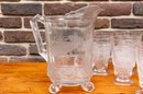Ten Duncan & Miller Footed Etched Glass Tumblers & Pitcher