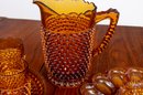 Hobnail Amber Glass Pitcher Tumbler Tray & Accessories
