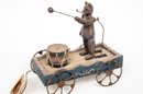 Vintage Wood Pull Toy Bear Drummer On Wagon Folk Art