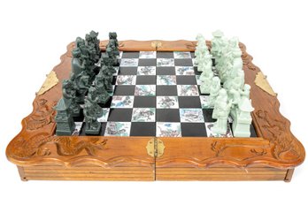 1970s Asian Themed Inlaid Tile Chess Board Game Set