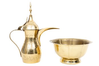 Antique Brass Middle Eastern Coffee Pot & Baldwin Brass Bowl