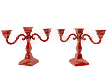 Two Three-Light Metal Candelabras In Red