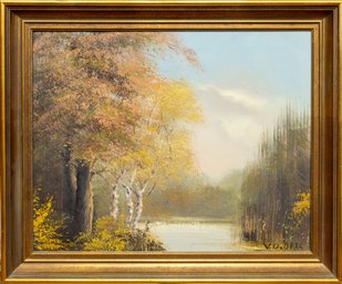 Signed Oil On Canvas Lakeside Landscape