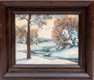 Signed Oil On Canvas Snow Landscape Painting