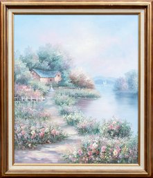 Oil On Canvas Lakeside Blossom Landscape