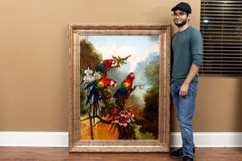 Large Scale Oil On Canvas Macaw Landscape Painting By P. Charles