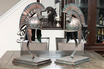 Pair Of Roman Metal Helmet Sculptures