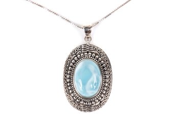 Blue Larimar Oval Center Stone Sterling Pendant W/necklace