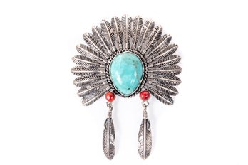 Turquoise Sterling Silver Chief Headress Pendant