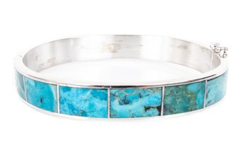 Sterling Silver Inlay Turquoise Hinged Bangle Bracelet