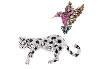 Multi Color Crystal, Antiqued Gold Tone Hummingbird Brooch Pendant And Jaguar