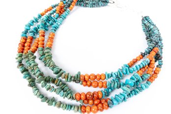 Multi Strand Natural Blue Green Turquoise And Spiny Oyster Necklace