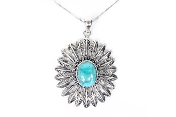 Turquoise & Sterling Silver Circular Feathered Pendant With Chain