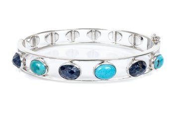Sterling Turquoise Sapphire Side Open Bangle Bracelet
