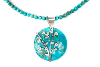 Round Turquoise Sterling Silver Flower Overlay Pendant And Bead Necklace