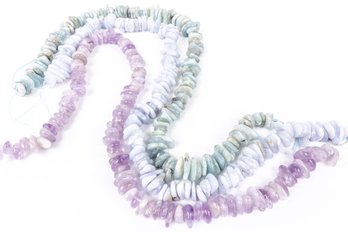Set Of 3 Smooth Chip Strands Of Blue Lace Agate, Lavender Amethyst & Aquamarine