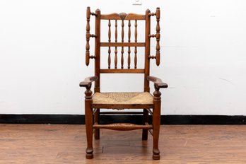 Late 19th Century Rush Seated Elm Lancashire Spindle Back Arm Chair