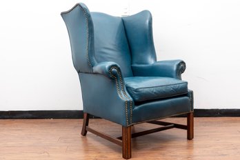 Vintage Wingback Chair With Blue Original Leather Upholstery