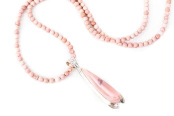 Large Teardrop Pink Stone Sterling Pendant & Necklace
