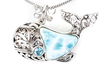 Free Form Cabochon Larimar And Swiss Blue Topaz Silver Whale Brooch/Pendant With Chain