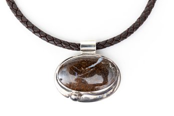 Oval Brown Stone Pendant With Leather Corded Chain