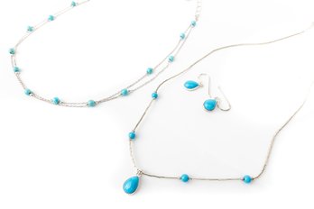 Two Turquoise Sterling Silver Necklace And Earrings