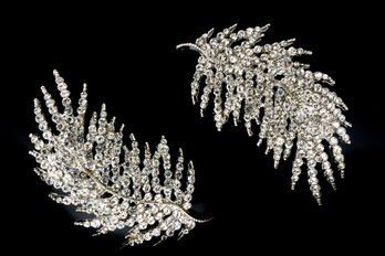 Pair Of Round White Crystal Silver Tone Leaf Brooches