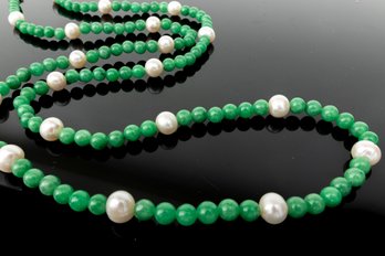 Pacific Style White Cultured Fresh Water Pearl & Green Jadeite Necklace