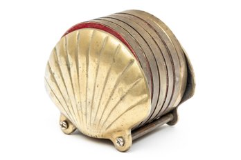 Vintage Brass Seashell Coaster Rack With Six Cork Coasters