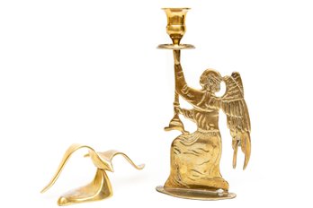 Brass Angel Candlestick Holder & Bird