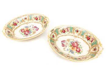 Pair Of Old Ivory Romance Green Dishes