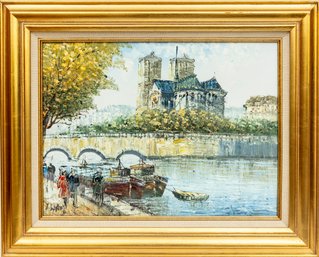 Signed Notre Dame Cathedral Oil On Canvas Landscape