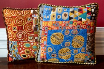 Pair Of Klimt Blue Designer Needlepoint Throw Pillows