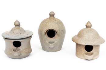 Trio Of Glazed Pottery Birdhouses