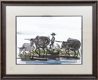 Signed Watercolor Art Print Of Water Buffalo Scene