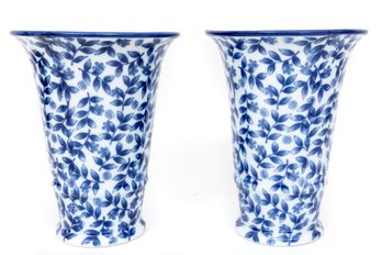 Pair Of Oriental Floral Blue/White Porcelain Vases