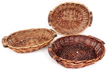 Three Handled Wood Wicker Baskets