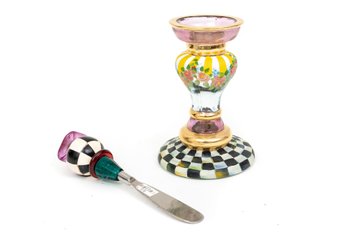 MacKenzie-Childs Circus Courtly Check Glass Candle Holders & Canape Knife