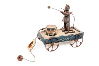 Vintage Wood Pull Toy Bear Drummer On Wagon Folk Art
