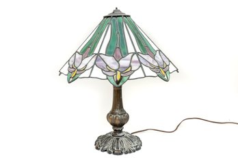 Antique Brass Table Lamp With Lead Glass Shade