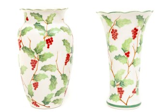 Two Vintage Andrea By Sadek Holly & Berry Christmas Vases